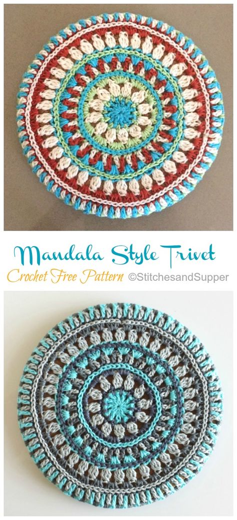 Crochet Round Hot Pads Free Pattern, Crochet Round Trivet Free Pattern, Crocheted Mandalas Free Patterns, Crochet Trivets Hot Pads Free Pattern, Crochet Trivet Free Pattern, Free Mandala Crochet Patterns, Crochet Trivet, Motif Mandala Crochet, Mandala Crochet