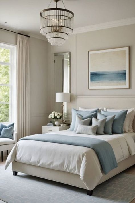 Serenity in Sleep: Luxe Blue and Cream Bedroom Ideas - West Magnolia Charm Grey And Blue Bedroom Ideas, Blue And Tan Bedroom, Blue And Cream Bedroom Ideas, Blue And Beige Bedroom, Bedroom Inspirations Blue, French Blue Bedroom, Soothing Bedroom Colors, Magnolia Bedroom, Blue And Cream Bedroom