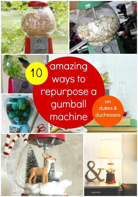 10 Amazing Ways to Repurpose a Gumball Machine - Dukes and Duchesses Old Gumball Machine Ideas, Upcycled Gumball Machine, Things To Put In Gumball Machines, Old Gumball Machine, Gumball Machine Upcycle, Vintage Gumball Machine Decor, Gum Ball Machine Ideas, Gumball Machine Makeover, Gumball Machine Decor