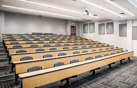 University seating is an integral part of any interactive lecture hall or training environment. KI's large continuous table tops provide more space for writing or computing than tablet arm seating. Today's lecture halls need to be accommodating to different teaching and learning styles. University Classroom Interior, Lecture Hall Interior Design, College Lecture Hall, University Lecture Hall, Lecture Hall Design, College Lecture, Classroom Architecture, University Interior Design, College Furniture