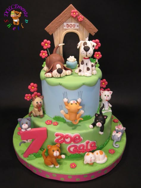 cats and dogs - Cake by Sheila Laura Gallo Puppy Birthday Cakes, Rodjendanske Torte, Puppy Cake, Farm Cake, Dog Cake Topper, Cupcakes Decorados, Dog Birthday Cake, Animal Cakes, Dog Cakes