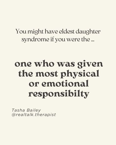 Unpopular opinion : you don't need to be the eldest daughter to experience eldest daughter pressures. I spoke about this on @threads and so many fellow youngest daughters had a lot to say on this. "Eldest daughter syndrome" comes from having to take on too much responsibility as a child. Usually due to being the oldest and the female child. But there are so many other nuances that can lead the rest of us to feel it too. "Eldest daughter syndrome" is a type of parentification where you had... Eldest Daughter Syndrome Aesthetic, Youngest Daughter Quotes, Oldest Daughter Syndrome, Oldest Daughter Quotes, Eldest Daughter Quotes, Eldest Daughter Syndrome, Eldest Sibling, Sister Vibes