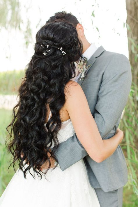 Wedding Hairstyles On Dark Hair, Bride Hairstyles For Dark Hair, Bride Hairstyles Half Up Half Down Black Hair, Dark Hair Bridal Hairstyles Down, Wedding Hairstyles Long Black Hair, Bride With Black Hair, Black Hair Wedding Styles Half Up Half Down, Wedding Hairstyles For Dark Brown Hair, Boho Wedding Hair Black