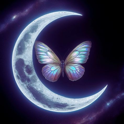 Illuminate your space with "Moonlit Elegance: Iridescent Butterfly Amidst Crescent Dreams," a mesmerizing digital download capturing the serene beauty of a butterfly poised at the center of a crescent moon. Moon And Butterfly Wallpaper, Pro Pic, Iridescent Butterfly, Moon Butterfly, Butterfly Aesthetic, Butterfly Illustration, Butterfly Photos, Butterfly Wallpaper, Moon Art