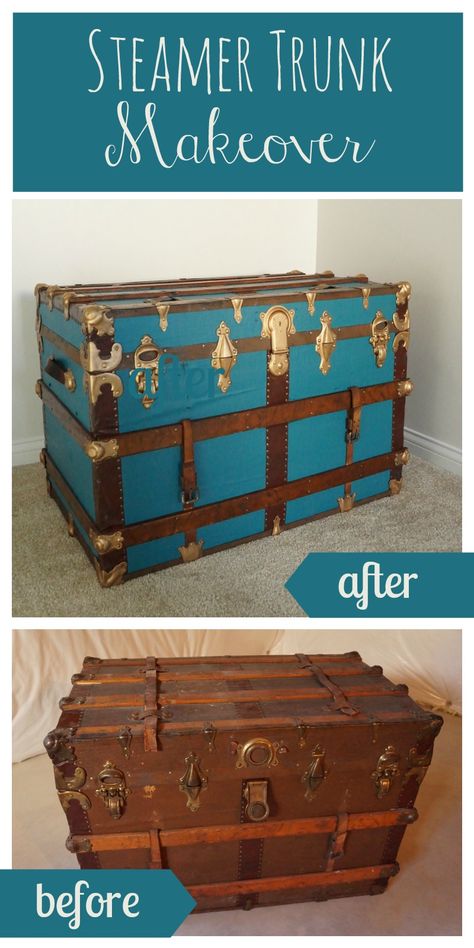 Steamer Trunk Makeover, Trunk Redo, Antique Trunk Restoration, Trunk Makeover, Vintage Steamer Trunk, Antique Steamer Trunk, Chalk Paint Makeover, Painted Trunk, Old Trunks