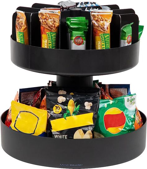 SNACKCAR Supreme Snack organizer, 14 x 14.5 Round, Black Target Breakroom, Breakroom Kitchen, Snack Caddy, Snack Room, Grab Snacks, 2 Tier Lazy Susan, Premium Snacks, Snack Holder, Dorm Food