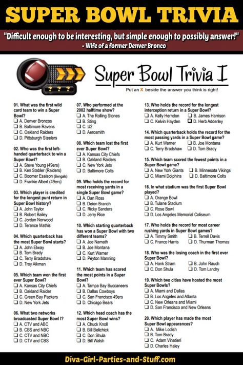 Challenge your Super Bowl party guests to a Super Bowl trivia with this printable multiple choice quiz. Last updated on Jan 15 2018. Games Night Food, Tea Trivia, Super Bowl Trivia, Birthday Ideas Nyc, Inauguration Party, Food Trivia, Football Trivia, Trivia Party, Pub Night