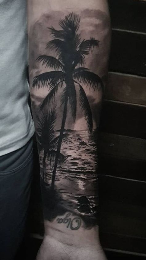 Coconut Tree Tattoo, John Tattoo, Forearm Tats, Cover Up Tattoos For Men, Beachy Tattoos, Tree Tattoo Men, Island Tattoo, Crab Tattoo, Palm Tattoos