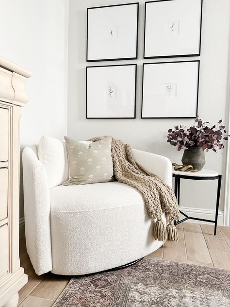 Large Chair In Bedroom, Chair In Room Aesthetic, Farmhouse Accent Chair Master Bedrooms, Beautiful Drew Chair By Drew Barrymore, Beautiful Drew Chair, Drew Barrymore Swivel Chair, Drew Barrymore Chair Walmart, Comfy Accent Chairs For Living Room, Living Room Sitting Area Ideas