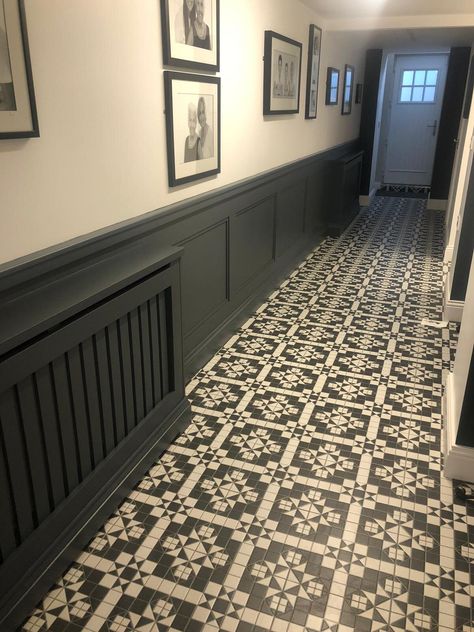 Panelling Hallway Radiator Cover, Hallway Panelling With Radiator Cover, Dark Grey Hallway, Hallway Panelling Ideas, Long Narrow Hallway, Hallway Panelling, Wainscoting Wall, Grey Hallway, Mdf Wall Panels