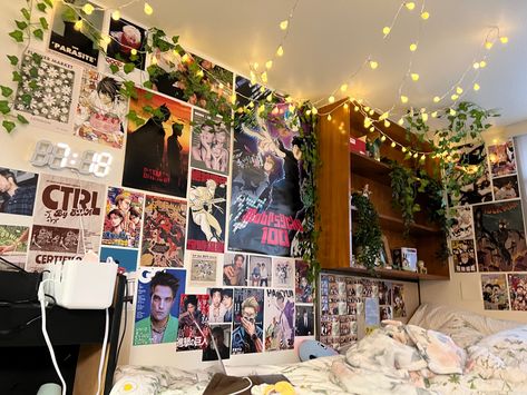 Csulb Dorm, Poster Wall Inspo, Aesthetic Poster Wall, Dorm Inspo, Aesthetic Poster, Dorm Ideas, College Dorm, Dorm Room, Poster Wall