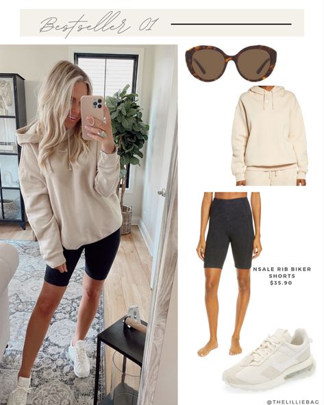 Sweatshirt And Biker Shorts Outfit, How To Style Biker Shorts Plus Size, Fall Biker Shorts Outfit, Biker Shorts Outfit Spring, How To Style Biker Shorts, Biker Short Outfits, Bike Shorts Outfit Summer, Vegas Fits, Winter Shorts Outfits