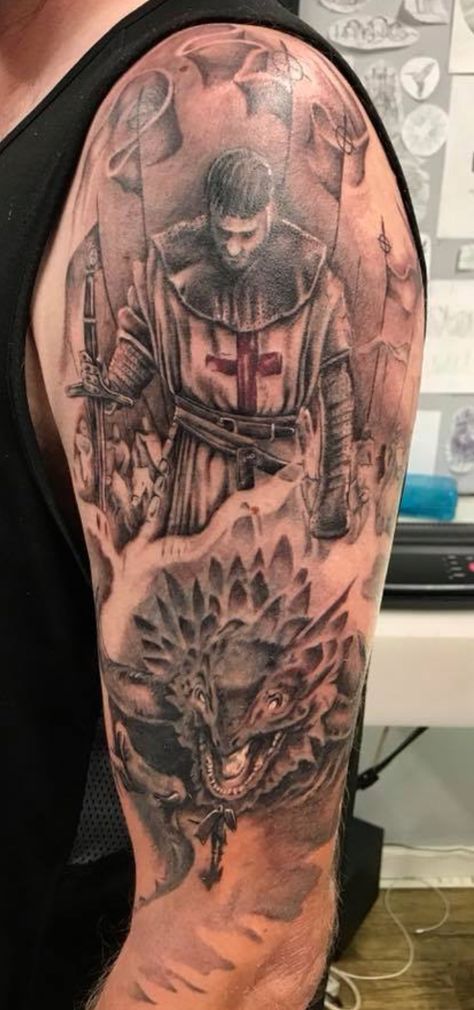 Custom Saint George Tattoo by Alex Frew St George And The Dragon Tattoo, Saint George And The Dragon Tattoo, George And The Dragon Tattoo, Saint George Tattoo, St George Tattoo, George Tattoo, Military Sleeve Tattoo, Tv Tattoo, Saint Tattoo