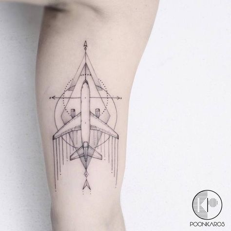 Geometric Airplane Tattoo by poonkaros Aircraft Tattoo, Aviation Tattoo, Pilot Tattoo, Airplane Tattoo, Plane Tattoo, Tatuagem Masculina Pequena, Airplane Tattoos, Bicep Tattoo, Grey Tattoo