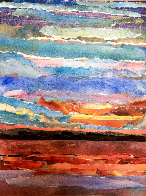 Paper Collage Art Abstract, Seascape Collage, Ripped Paper Art, Sunrise Collage, Landscape Collage Art, Collage Sunset, Ripped Paper Collage, Beach Art Projects, Collage Art Abstract