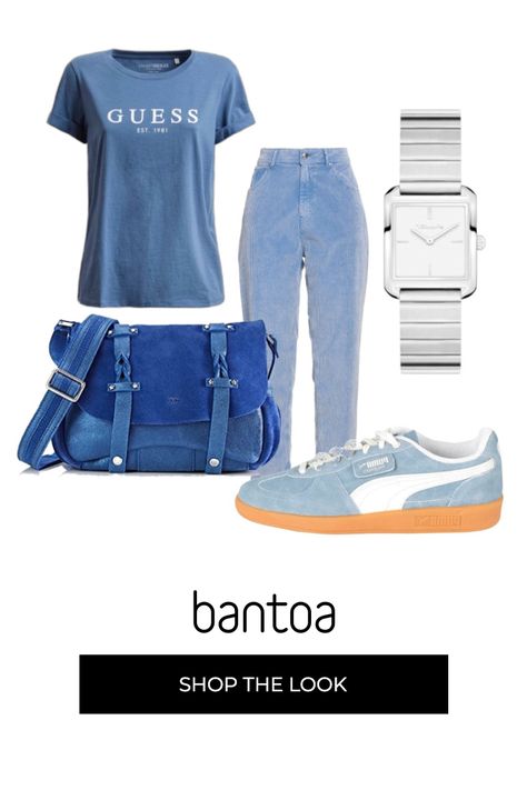 Sac en bandoulière femme bleu foncé Mila Louise, Pantalon  femme coupe normale bleu ciel velours Chapter One True Nyc®, T-shirt femme bleu moyen col rond à manches courtes polyester Guess, Sneakers femme bleu ciel sans talon basse à bout rond à lacets Puma, Montre analogique femme blanc neige à rayures effet brillant analogique acier inox Tamaris  Composition de la tenue: woman | Bags | Shoulder bags | Crossbody bags Tamaris, woman | Bags | Shoul... Guess Sneakers, Chapter One, Jeans Boyfriend, Bags Shoulder, Crossbody Bags, Shoulder Bags, T Shirt