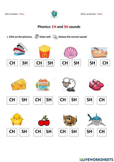 Sound ch and sh online activity for Sound ch and sh. You can do the exercises online or download the worksheet as pdf. Th Sound Worksheet, Ch Sound Worksheets, Digraph Activity, Ch Sound, Ch Words, Digraphs Activities, Letter Worksheets For Preschool, Flower Crafts Kids, Penguin Cartoon