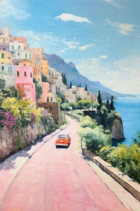 Coastal Sketch Art, Italian Painting Aesthetic, Amalfi Coast Drawing, Italian Coast Aesthetic, Pink Aesthetic Decor, Amalfi Coast Painting, Quote Wall Prints, Italian Coast, Retro Painting