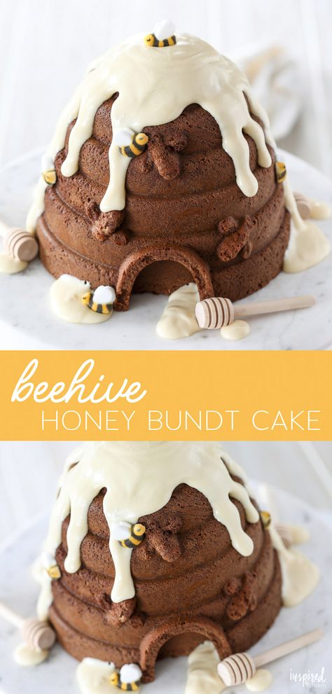 This Beehive Honey Bundt Cake is as delicious as it is beautiful! #dessert #recipe #honey #bundt #cake #beehive #bee #bundtcake via @inspiredbycharm Honey Bundt Cake, Bee Hive Cake, Honey Frosting, Toddler Birthday Cakes, Bees And Honey, Honeycomb Cake, Bee Cakes, Bundt Cakes Recipes, No Cook Desserts