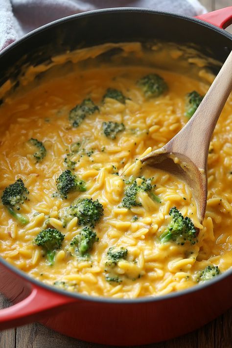 Cheesy Broccoli Orzo Recipes, Healthier Broccoli Casserole, Broccoli Cheese Orzo Casserole, One Pot Broccoli Cheese Pasta, Orzo And Cheese, Broccoli Cheese Orzo Soup, Orzo Al Limone Recipe, Quick Easy Meatless Dinner, Orzo Broccoli Cheese