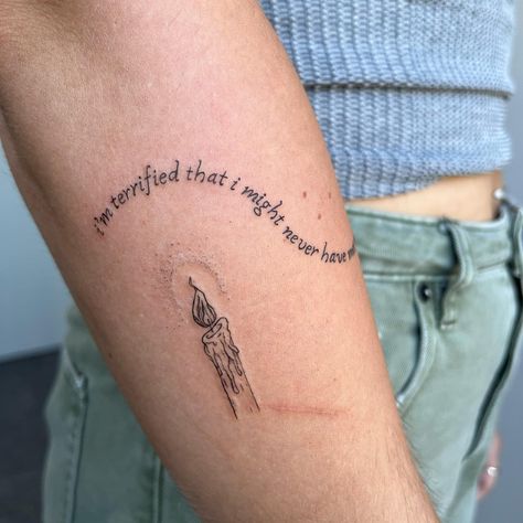 So obsessed with this font 🤎🕯️🫶🏼🔥 - - - - #noahkahan #noahkahantattoo #lyrics #lyrictattoo #finelinetattoo #finelinetattoos #nwi #indiana #candles #candletattoo Everywhere Everything Noah Kahan Tattoo, Fleetwood Mac Tattoo Lyrics, Lumineers Tattoo, Fleetwood Mac Tattoo, Noah Kahan Tattoo, Mac Tattoo, Candle Tattoo, Lyric Tattoos, Noah Kahan