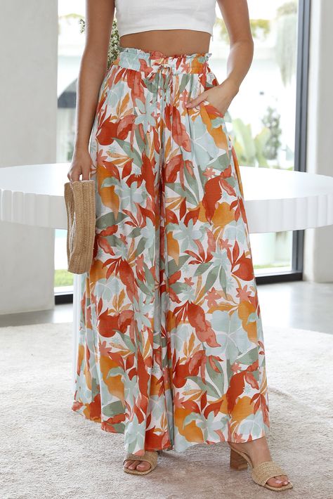 $10.6 Multicolor Floral Print Drawstring Shirred High Waist Wide Leg Pants Wholesale Kurtis Design, Fashion Show Dresses, Trousers Women Wide Leg, Tunic Dresses, Spain Trip, Women Trousers, Summer Street Style, High Waist Wide Leg Pants, Chic Tops