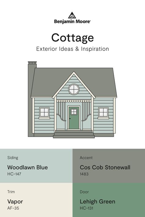 Explore color schemes perfect for cottage-style homes! Handpicked by our color team, these combos give off an inviting, homey feeling before guests even walk through your door. Cottage Exterior Paint, Cottage Exterior Ideas, Exterior Refresh, Cottage Exterior Colors, Benjamin Moore Exterior Paint, Exterior Paint Color Combinations, Exterior Color Combinations, Benjamin Moore Exterior, Exterior Color Palette