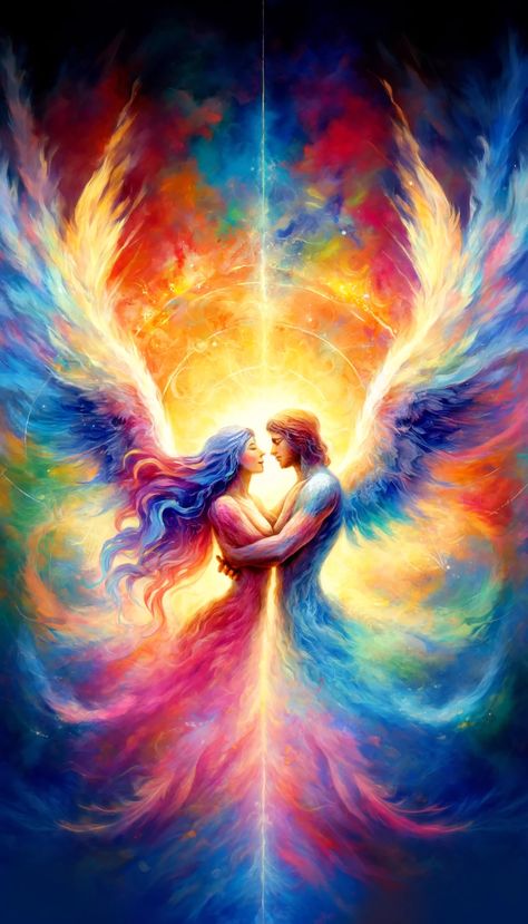 A celestial celebration of love, this colorful love painting superbly illustrates a couple of angels, symbolizing the Divine Masculine and Divine Feminine, dancing amidst the ethereal heavens. Their eyes tell stories of romance and their hearts radiate an undying love, a testament that no one can love you more than your Twin Flame. Twin Flame Images, Love Romance Art, Feminine Dancing, Unity Tattoo, Divine Counterpart, Fantasy Romance Art, Destiny Quotes, Angelic Aesthetic, Twin Flame Art