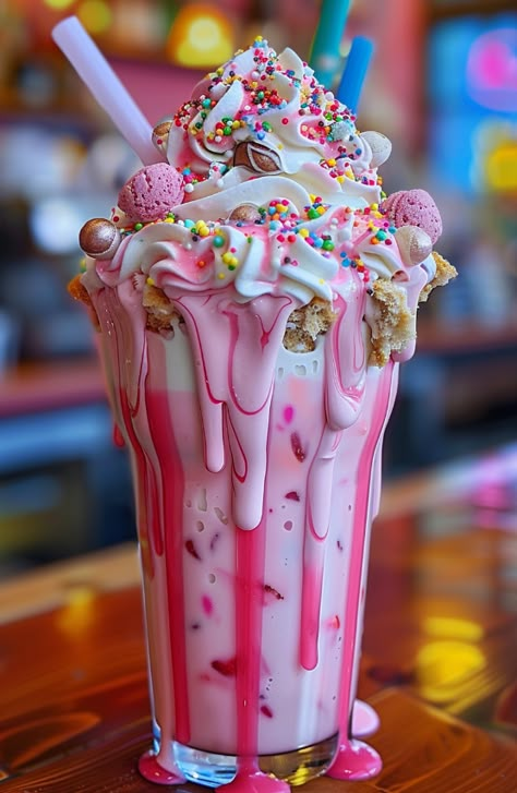 Bubblegum Bliss Mega Shakes  Dive into a nostalgic treat with our Bubblegum Bliss Mega Shakes! These over-the-top shakes are bursting with bubblegum flavor, topped with whipped cream, sprinkles, and all your favorite candies for an indulgent and fun dessert that will transport you back to childhood.  Ingredients:  2 cups vanilla ice cream 1/2 cup milk 2 tablespoons bubblegum syrup (or bubblegum-flavored extract) Whipped cream Bubblegum candies Colorful sprinkles Cotton candy Rock candy sticks Mini marshmallows Assorted candies (like gummy bears, lollipops, and chocolate pieces) Milkshakes Aesthetic, Bubblegum Milkshake, Milkshake Photography, Weird Drinks, Bubble Gum Ice Cream, Rock Candy Sticks, Chocolate Rocks, Energy Smoothies, Desserts Ice Cream