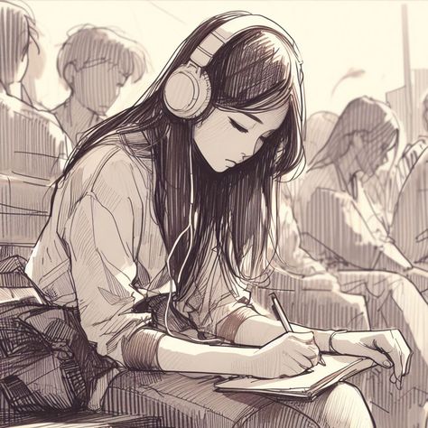 Listen Music Aesthetic Art, Headphones Aesthetic Drawing, Headphone Sketch, Headphones Drawing, Music Sketch, Anime Drawings For Beginners, Headphones Art, Poses Manga, Human Sketch