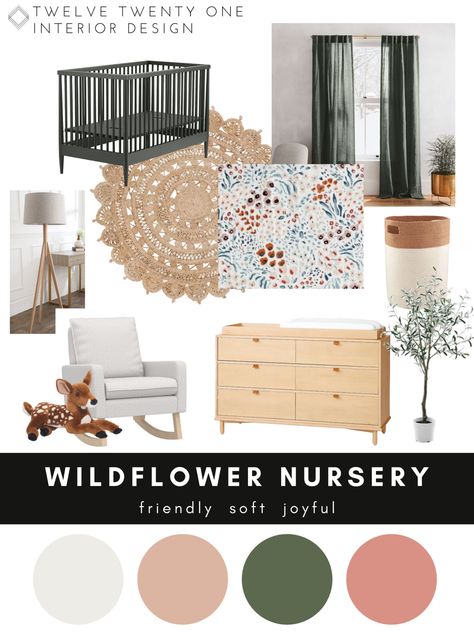 Black Crib Nursery, Wild Flower Nursery, Feminine Nursery, Nursery Design Girl, Black Crib, Wildflower Nursery, Kids Rooms Inspo, Baby Room Themes, Glider And Ottoman