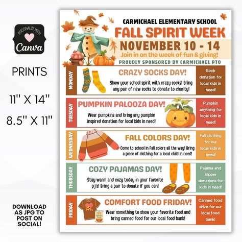 October Spirit Week Ideas, Thanksgiving Spirit Week Ideas, Fall Spirit Week, Thanksgiving Spirit Week, Middle School Dance Themes, Spirit Week Flyer, Holiday Spirit Week, Spirit Week Ideas, School Dance Themes