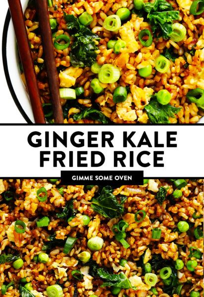 Ginger Kale Fried Rice | Gimme Some Oven Coconut Kale, Shrimp Tofu, Kale Stir Fry, Chicken Shrimp, Extra Protein, Gimme Some Oven, Dinner Healthy, Rice Wine, Fried Rice Recipe