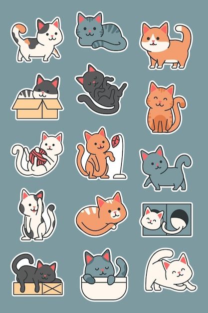 Cute Printable Sticker Sheets, Sticker Set Aesthetic, Cat Stickers Printable, Freepik Illustration, Cute Printable Stickers, Vector Stickers, Doodle Funny, Cat Sticker Set, Small Illustrations