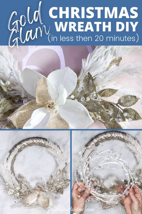 Learn to make this white and gold glam DIY Christmas wreath using a foam wreath, gold ribbon and some floral supplies. And the best part? It's so quick and easy to make you can put it together in less than 20 minutes. Foam Wreath Ideas Diy, Gold Christmas Wreath, Foam Wreath, Christmas Wreath Decor, Glam Christmas Decor, Diy Christmas Wreath, House To Home, Crystal Garland, Diy Gold