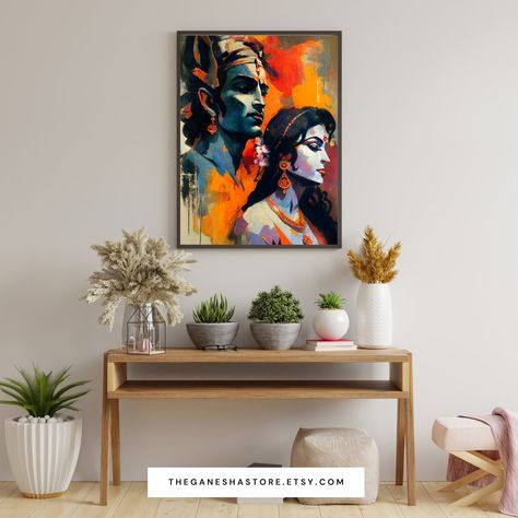 Lord Rama and Sita, framed midcentury modern-style art print Ram Sita Painting, Romantic Paintings Couple, Rama And Sita, Midcentury Modern Art, Sita Ram, Modern Art Styles, Meditation Rooms, Romantic Paintings, Lord Rama