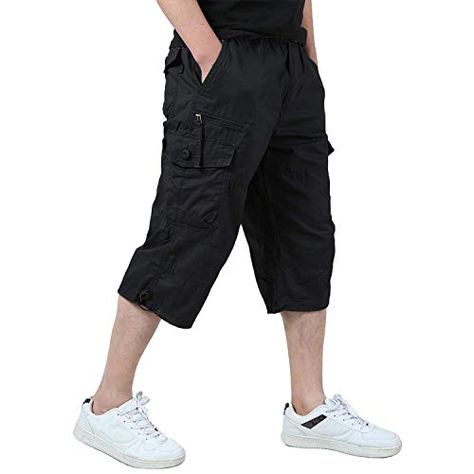 LAVIQK Men's Casual Twill Elastic Cargo Shorts Below Knee Loose Fit Multi-Pocket Capri Long Shorts LAVIQK Black Capri Pants Outfit, Mens Capri Pants, Long Cargo Shorts, Capri Shorts, Mens Shorts Summer, Baggy Shorts, Elastic Shorts, Mens Cargo, Cargo Shorts Men