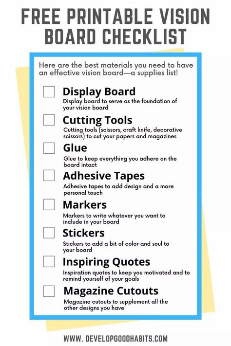 vision board supplies checklist printable Vision Board Party Supplies, Vision Board Supply List, Vision Board Categories, Beautiful Vision Boards, Vision Board Supplies, Prayer Vision Board, Vision Board Workshop, Free Vision Board, Work Vision Board