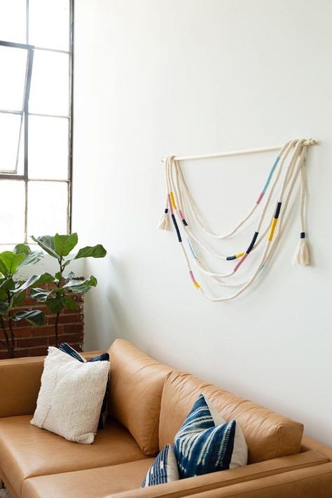 DIY Wrapped Cotton Rope Wall Hanging #DIY #wallhanging #tassel #yarn Rope Wall Hanging, Wrapped Rope, Rope Wall, Diy Home Accessories, Large Scale Art, Diy Air Dry Clay, Bleached Wood, Hanging Diy, Diy Wrap