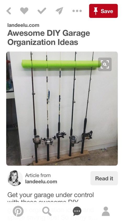 Diy Fishing Rod Holder, Pool Noodle Ideas, Fishing Pole Rack, Fishing Pole Storage, Fishing Organization, Diy Fishing Rod, Garage Hacks, Fishing Rod Holders, Garage Organization Tips