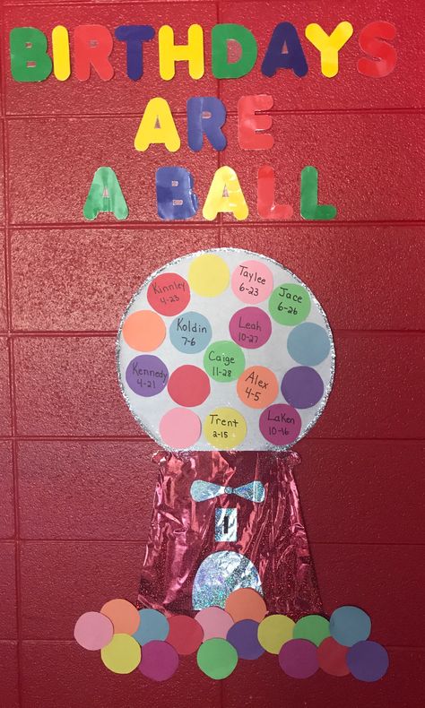 Gumball birthday bulletin board Daycare Birthday, Preschool Birthday Board, Birthday Board Ideas, Daycare Projects, Birthday Bulletin Board, Preschool Birthday, Birthday Board Classroom, Birthday Boards, Board Classroom