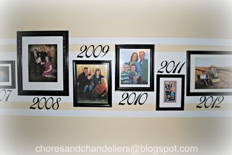 chores and chandeliers : Family Pictures / Hallway display Ny House, Hallway Pictures, Pictures Hallway, Wall Galleries, Photo Organizing, Photo Timeline, Whiskey Room, Hallway Displays, Family Photo Wall