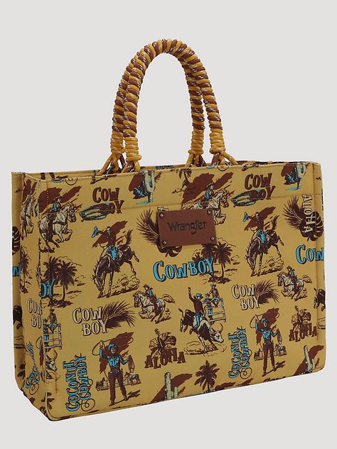 Canvas constructionCowboy print throughoutWhipstitch detailsWrangler logo patch on frontZip top closureDouble round handleInterior open pocketInterior pocket with zip closure17"L x 5"W x 13"H (Drop: 9") Bucking Horse, Cowboy Print, Wrangler Accessories, Weekender Bags, Boots Store, Fabric Purses, Oversized Tote, Braided Rope, Horse Print