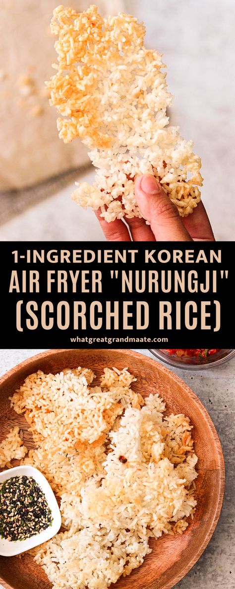 Learn how to make scorched rice in the air fryer with just 1 ingredient in just 15 minutes. This Korean air fryer nurungji is crunchy, nutty, addicting and so easy! You can enjoy it sweet with some sugar, or savory with kimchi and furikake. Nurungji Recipe, Rice Air Fryer Recipes, Air Fryer Rice Cakes, Air Fryer Crispy Rice, Air Fryer Rice Crispy Treats, Air Fryer Quinoa, Rice Air Fryer, Air Fryer Recipes Asian, Air Fryer Rice