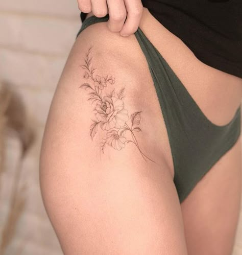 Tattoo Side Thigh Hip, Under Hip Tattoo, Foliage Hip Tattoo, Hip Tattoos Women Scar Cover, Easy Does It Tattoo, Thigh Tattoos Small Simple, Delicate Floral Hip Tattoo, Hip Scar Tattoo, Lilac Hip Tattoo