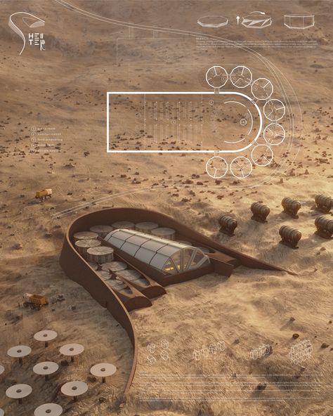 Shell-ter mars base w Behance Architectural Portfolio, Architecture Design Presentation, Conceptual Architecture, Desert Design, Architecture Design Sketch, Architecture Board, Space Projects, Architecture Concept Drawings, Vernacular Architecture