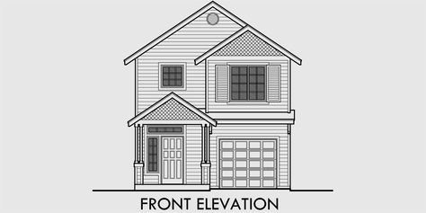 House front drawing elevation view for 10157 Narrow House Plan at 22 feet wide with open Living area 3 bedroom 2.5 baths 1 car garage gable roofs Gable Roof Elevation, Gable Porch, Gable Roof House, Gable Roof Design, Narrow House Plans, 1 Car Garage, Narrow Lot House, Narrow Lot House Plans, House Facades