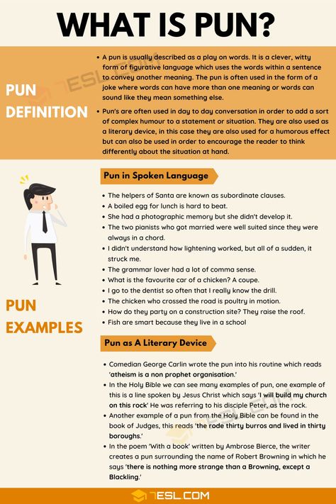 Pun: Definition and Examples of Pun in Speech and Literature - 7 E S L Pun Examples, English Literature Notes, Teaching Literature, English Conversation, Literary Devices, Essay Writing Skills, English Vocab, Teaching Grammar, Learn English Grammar