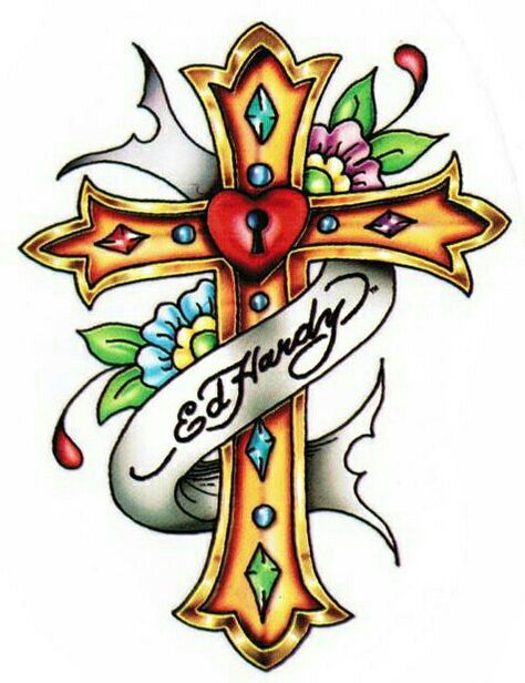 Best Rose Tattoo, Fantasy Stickers, Cross With Flowers, Dragon Stickers, Ed Hardy Tattoos, Ed Hardy Designs, Cross Drawing, Cross Wallpaper, Fairy Stickers