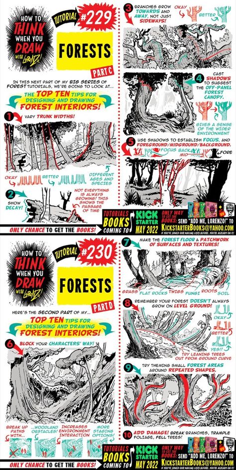 How to think when you draw tutorial #229. Featuring the top ten tips for designing and drawing forest interiors. How To Draw Forest, Mountain Drawings, Etherington Brothers, Comic Tutorial, How To Think, Art Advice, Background Drawing, Comic Drawing, Guided Drawing